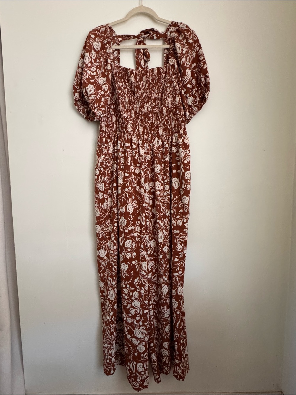 Rust Floral Puff-Sleeve Smocked Jumpsuit - Size 2XL